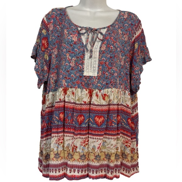 Floral Patchwork Women's Top Loose Boho Short flutter Sleeve Shirts Blouse - Picture 1 of 8